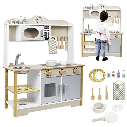 UISEBRT Spielküche aus Holz Kinderküche inkl. Kochfeld Spüle Mikrowelle, Höhe 85 cm, Spielzeug für Kinder ab 3 Jahren, 65 x 24 x 85 cm, Modell A von UISEBRT