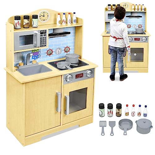 UISEBRT Spielküche aus Holz Kinderküche inkl. Kochfeld Spüle Mikrowelle, Höhe 92 cm, Spielzeug für Kinder ab 3 Jahren, Modell B von UISEBRT