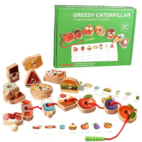 UIXENI Wooden Caterpillar Rope Toy, Fruit & Vegetable Caterpillar Lacing Bead String Game, Montessori Fine Motor Skills Farm Toys for Kids von UIXENI