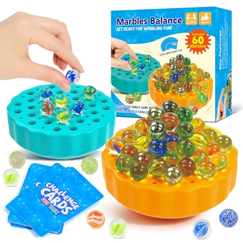 Wobble Marble Balance Stacking Game, Fun Party Games with 60 Glass Marbles, Dice & 15 Challenge Cards for 1-4 Players (Blue) von UIXENI