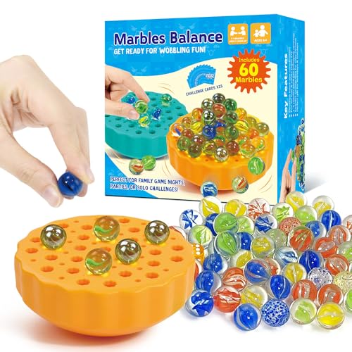 Wobble Marble Balance Stacking Game, Fun Party Games with 60 Glass Marbles, Dice & 15 Challenge Cards for 1-4 Players (Yellow) von UIXENI