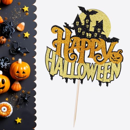 Happy Halloween-Kuchenaufsatz, Glitzer, Fledermaus, Kürbis, Hexe, Spinnennetz-Schild, Dekoration, Halloween-Gruseliges Happy Birthday-Motto-Partyzubehör von UIYHJJIK