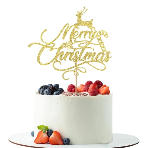 Tortenaufsatz "Merry Christmas", mit niedlichem Rentier-Design, goldfarbener Glitzer, für Weihnachten, Neujahr, Urlaub, Weihnachten, Partyzubehör von UIYHJJIK