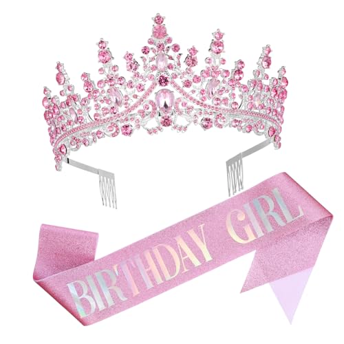 UKCOCO 1 Satz Kristallkronenband Geburtstagsdekorationen Geburtstag Für Frauen Krone Für Mädchen Geburtstagsschärpe Und Krone Geburtstagskrone Für Party Zubehör Zinklegierung Rosa von UKCOCO