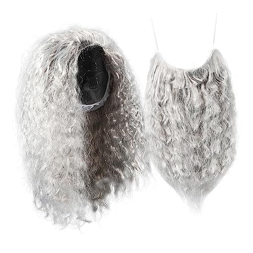 UKCOCO Halloween Cosplay Perücke Bartset Langes Graues Perücken Kostümzubehör für Halloween Party Atmungsaktiv Hochwertigem Pet Material Leicht Abnehmbar von UKCOCO
