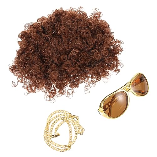 UKCOCO Jahre Disco Kostümset mit Brauner Perücke Goldener Halskette und Großer Sonnenbrille Wiederverwendbare Party Accessoires für Herren und Damen für Fasching Cosplay und Foto von UKCOCO