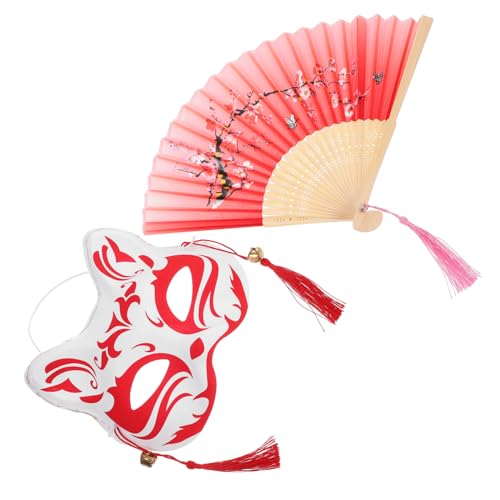 UKCOCO Japanische Fuchsmaske mit Fächer Teiliges Cosplay für Halloween Karneval Maskenball Traditioneller Japanischer Stil Vielseitig für Kostümparty und Festival von UKCOCO