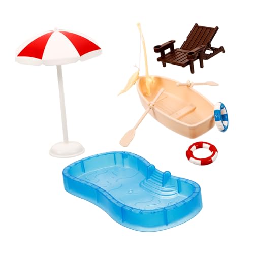 UKCOCO Miniatur Puppenhaus Schwimmbad mit Boot und Strandstuhl Detailgetreues Mikro Szenen Ornament für Puppenhäuser Leichte Mini Dekoration für Sommer Szenerien für Bastel und von UKCOCO
