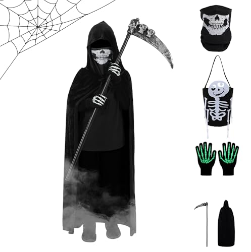 ULEMON Halloween-Kostüme für Erwachsene und Jungen, 5-teiliges Sensenmann-Kostüm, schwarzer Kapuzenumhang, gruseliges Halloween-Geist-Cosplay-Outfit, Requisiten ULEMON Halloween-Kostüme für Erwachsene und Jungen, 5-teiliges Sensenmann-Kostüm, schwarzer Kapuzenumhang, gruseliges Halloween-Geist-Cosplay-Outfit, Requisiten von ULEMON