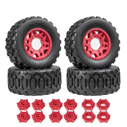 4 Stück RC Gummiradreifen 110 x 47 mm mit 12 mm 14 mm 17 mm Sechskant-Adapter RC Ersatzteile für 1/8 1/10 Kurzstrecken-LKW Off-Road RC Auto (rot) von ULIIK