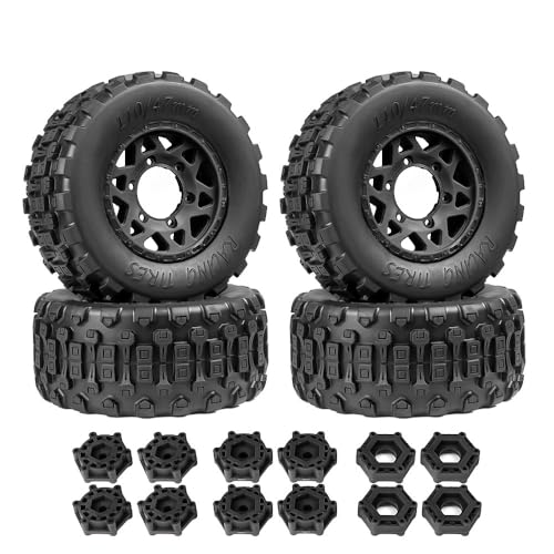4 Stück RC Gummiradreifen 110 x 47 mm mit 12 mm 14 mm 17 mm Sechskant-Adapter RC Ersatzteile für 1/8 1/10 Kurzstrecken-LKW Off-Road RC Auto (schwarz) von ULIIK