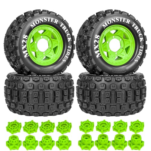 4 Stück RC Gummiradreifen 128 x 68 mm mit 12 mm 14 mm Sechskant-Adapter RC Ersatzteile für 1/10 Monster Truck RC Auto (grün) von ULIIK