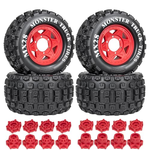 4 Stück RC Gummiradreifen 128 x 68 mm mit 12 mm 14 mm Sechskant-Adapter RC Ersatzteile für 1/10 Monster Truck RC Auto (rot) von ULIIK