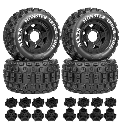 4 Stück RC Gummiradreifen 128 x 68 mm mit 12 mm 14 mm Sechskant-Adapter RC Ersatzteile für 1/10 Monster Truck RC Auto (schwarz) von ULIIK