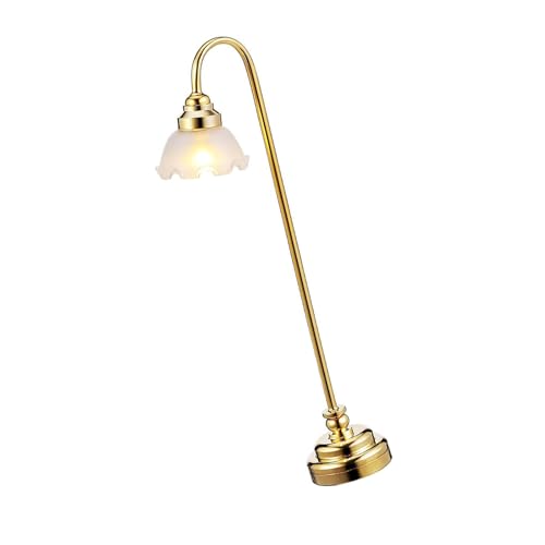 Miniatur-LED-Schreibtischleuchte aus goldenem Glas für 1/12 Puppenhäuser, Zubehör, realistische Heimdekoration, batteriebetriebene Metall- und Glaspuppenlampe von ULIJTH