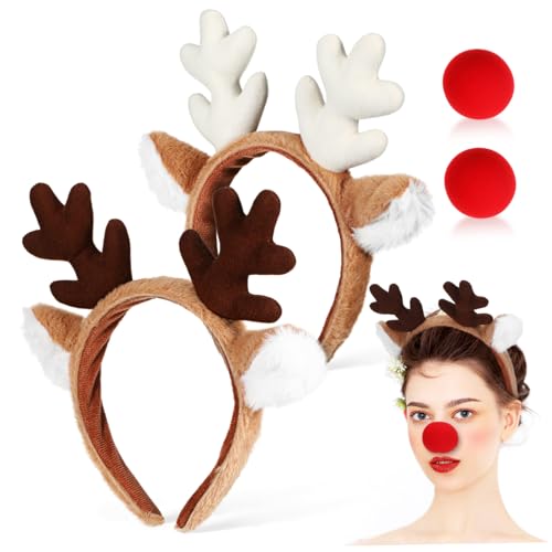ULTECHNOVO 2 Sätze Rentier Geweih Haarband und Nase Set Realistisches Weihnachts Stirnband für Leichtes Bequemes Party Accessoire für Weihnachts und Halloween Kostüm von ULTECHNOVO