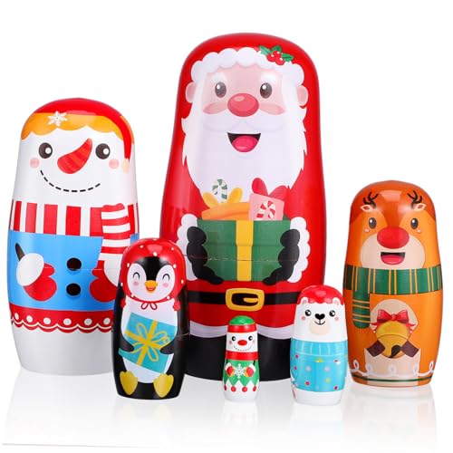 ULTECHNOVO 6 Stück Teiliges Weihnachts Nestpuppen aus Holz Santa Claus und Schneemann Handgefertigte Russische Puppen für Festliche Heimdekoration und Langlebige Displays von ULTECHNOVO