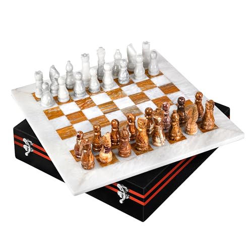 UMAID Handgefertigtes Marmor-Schach-Set Brettspiel mit luxuriöser Samt-Geschenkbox – 30,5 cm weiß & braun elegantes Onyx-Marmor-Schachbrett, einzigartige Schachsets für Erwachsene und Marmor von UMAID