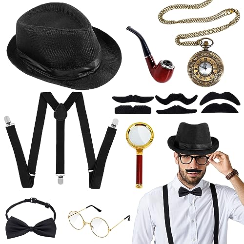 20er Jahre Kostüm Herren Gatsby, Peaky Blinders Kostüm mit Hut Brille Hosenträger Halsschleife Lupe Bart Taschenuhr, 20er Jahre Accessoires Herren Set für Retro Cosplay Karneval Halloween Party 20er Jahre Kostüm Herren Gatsby, Peaky Blinders Kostüm mit Hut Brille Hosenträger Halsschleife Lupe Bart Taschenuhr, 20er Jahre Accessoires Herren Set für Retro Cosplay Karneval Halloween Party von UMILKI