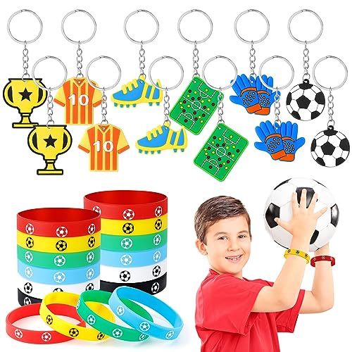 UMILKI 24 Pcs Fußball Mitgebsel Kindergeburtstag, Fußball Party Mitgebsel mit 12Pcs Fußball Schlüsselanhänger und 12 Pcs Silikonarmband ,Fußball Tthema Party Mitgebsel für Party Kindergeburtstag von UMILKI