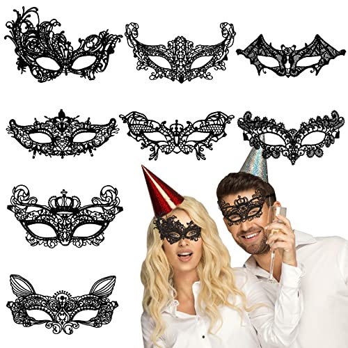 UMILKI Venezianische Maske Damen,8Pcs Damen Spitzenmaske,Sexy Lace Maske,Schwarz Spitze Augenmaske für Karneval Fasching Maskerade, Masquerade, Party, Cosplay von UMILKI