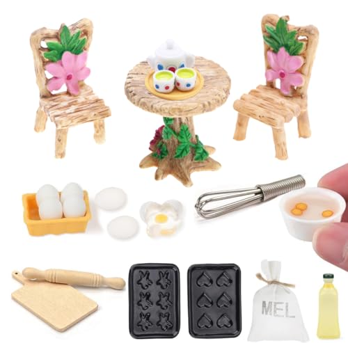 Puppenhaus Zubehör, Miniatur Wichtel Zubehör, Mini Küche Backset, Geschirr Stühle und Tisch Spielzeug, Puppenhaus Deko für Kinder von UMavlesFrd