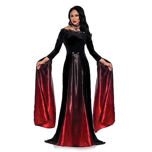 UNDERWRAPS Sexy Vampir Schwarzes Kleid - Elegantes Vampir Erwachsene Halloween Kostüm für Frauen, Sexy Schulterfrei Bodenlang Cosplay (Elegant, Small 32-34) von UNDERWRAPS