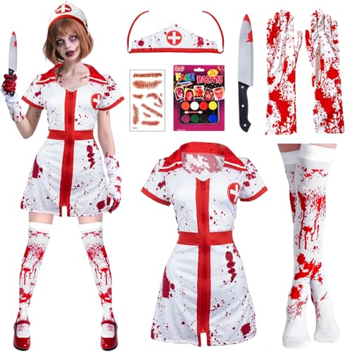 UNIANE Zombie Krankenschwester Kostüm Set, Halloween Kostüm Damen, Horror Blutige Nurse Costume mit Hut Handschuhe Strümpfe Aufkleber Messer Face Paint, für Karneval, Cosplay, Maskeraden, Partys (XL) UNIANE Zombie Krankenschwester Kostüm Set, Halloween Kostüm Damen, Horror Blutige Nurse Costume mit Hut Handschuhe Strümpfe Aufkleber Messer Face Paint, für Karneval, Cosplay, Maskeraden, Partys (XL) von UNIANE