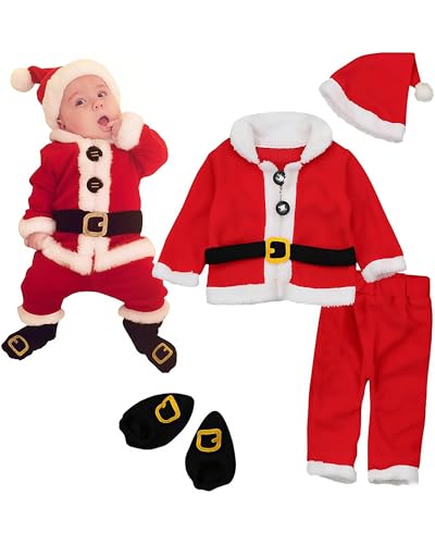 UNICLOUND Kleinkind Baby Weihnachtskostüme, 4-teiliges Kleinkind Santa Claus Outfit Weihnachtsoberteil + Hose + Hut + Stiefel für kleine Mädchen Jungen Santa Cosplay Fotografie Requisiten Geschenk von UNICLOUND