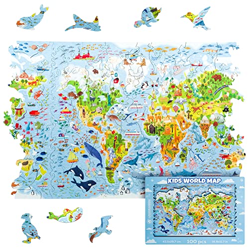 UNIDRAGON Holzpuzzle, 100 Stück, 16,9" x 11,7" Schöne Geschenkverpackung, einzigartige Form Erwachsene und Kinder, Kinder Weltkarte von UNIDRAGON