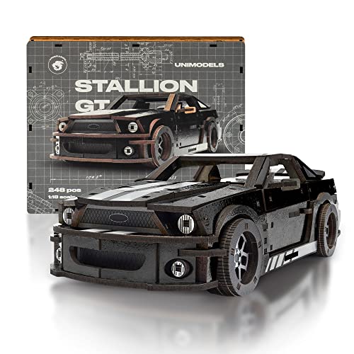 UNIDRAGON Original 3D Holzpuzzle - 248 Teile, UniModels Stallion GT Schwarz, 25.5 x 11 x 7.5 cm, Geschenke für Männer, Jungen, Modellbausatz Erwachsene von UNIDRAGON