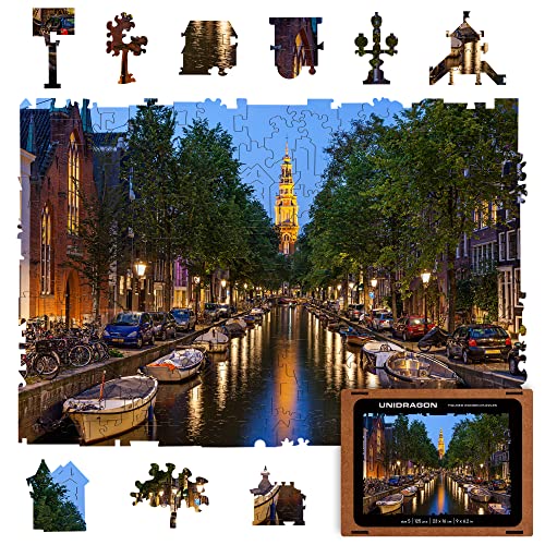 UNIDRAGON Original Holzpuzzle — Abend Amsterdam, 125 Teile, Klein 9 x 6.2 Zoll (23 x 16 cm) Schöne Geschenkverpackung, Einzigartige Form Erwachsene und Kinder von UNIDRAGON