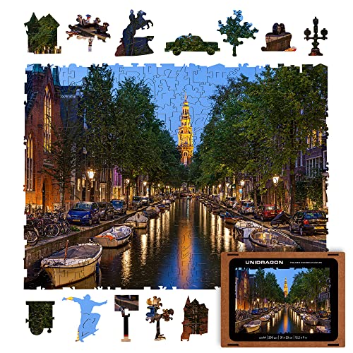 UNIDRAGON Original Holzpuzzle — Abend Amsterdam, 250 Teile, Mittel 12.2 x 9 Zoll (31 x 23 cm) Schöne Geschenkverpackung, Einzigartige Form Erwachsene und von UNIDRAGON