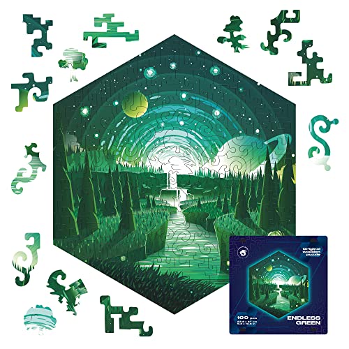 UNIDRAGON Original Holzpuzzle — Gedankenbrecher Endloses Grün, 100 Teile, 8.54 x 8.54 Zoll (21.7 x 21.7 cm) Schöne Geschenkverpackung, Einzigartige Form Erwachsene und von UNIDRAGON