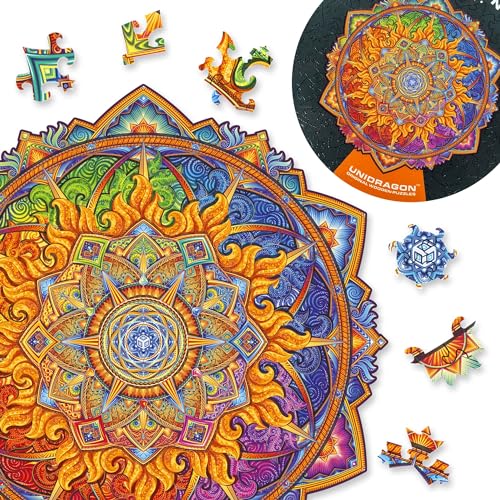 UNIDRAGON Original Holzpuzzle — Mandala Nascent Sun, 700 Teile, Royal Größe 17.7x17.7 Zoll (45x45 cm) Schöne Geschenkverpackung, Einzigartige Form Erwachsene und Kinder von UNIDRAGON