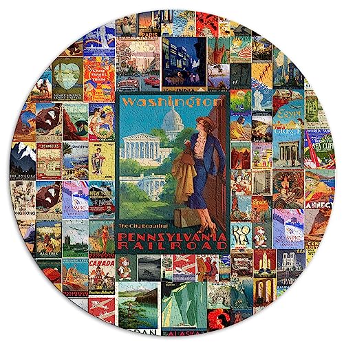 Vintage Reise-Wandkunst-Puzzles, 1000 Teile, Puzzle für Erwachsene, 1000 Teile, runde Puzzles, Familienspaß-Puzzles (67,5 x 67,5), 1000 Teile von UNIKEI