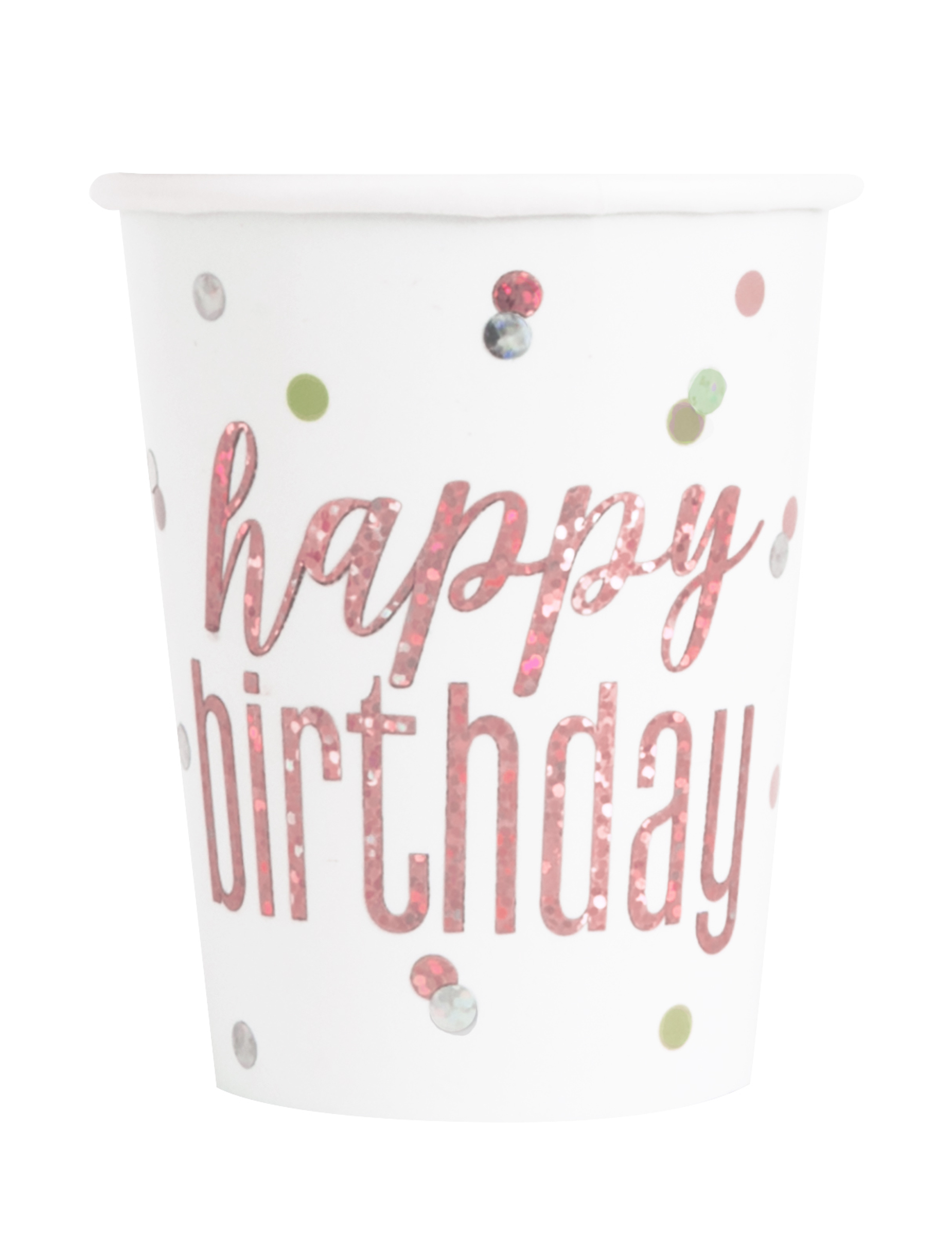 8 Happy Birthday Pappbecher weiß-pink glitzernd 266ml Punkte von UNIQUE