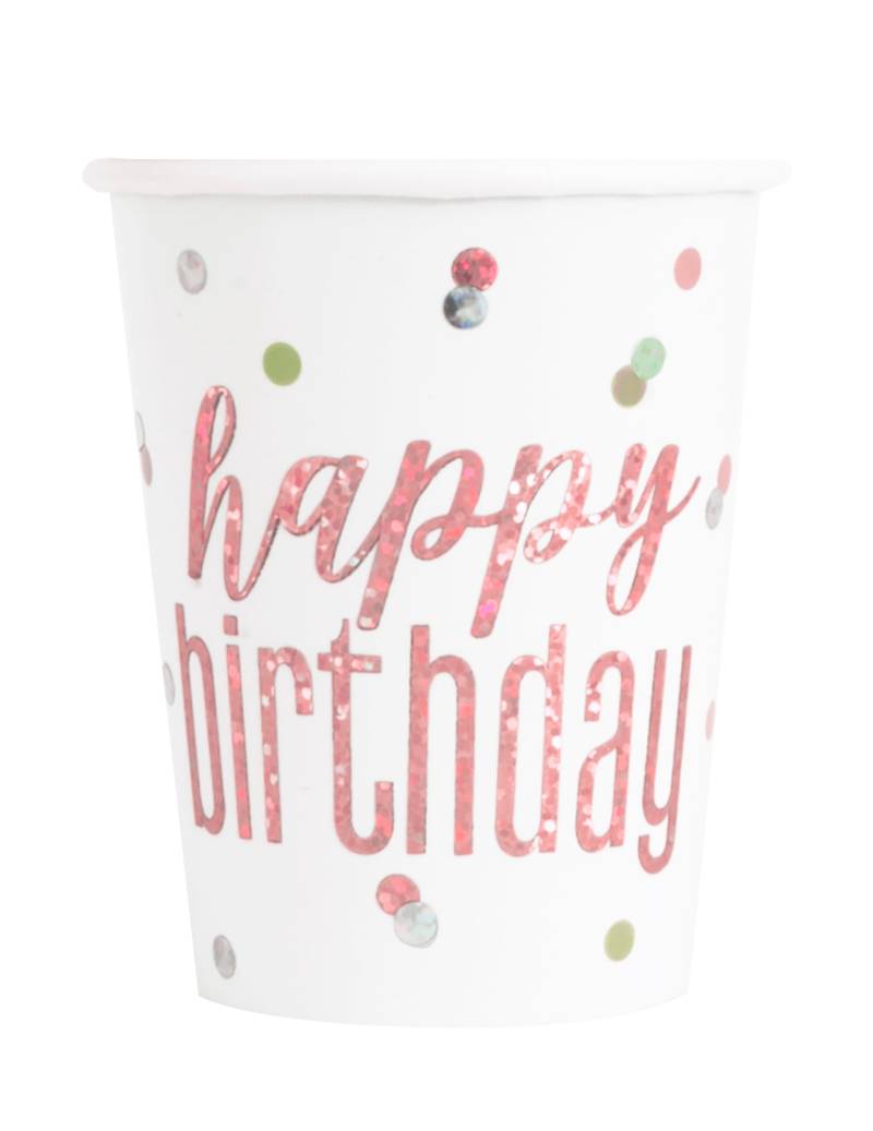 8 Happy Birthday Pappbecher weiß-pink glitzernd 266ml Punkte 8 Happy Birthday Pappbecher weiß-pink glitzernd 266ml Punkte von UNIQUE
