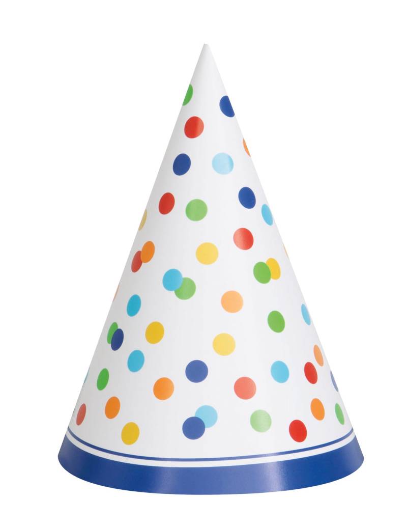 8 bunte Happy Birthday Partyhüte mit Punkten aus Pappe inkl. Gummiband 8 bunte Happy Birthday Partyhüte mit Punkten aus Pappe inkl. Gummiband von UNIQUE