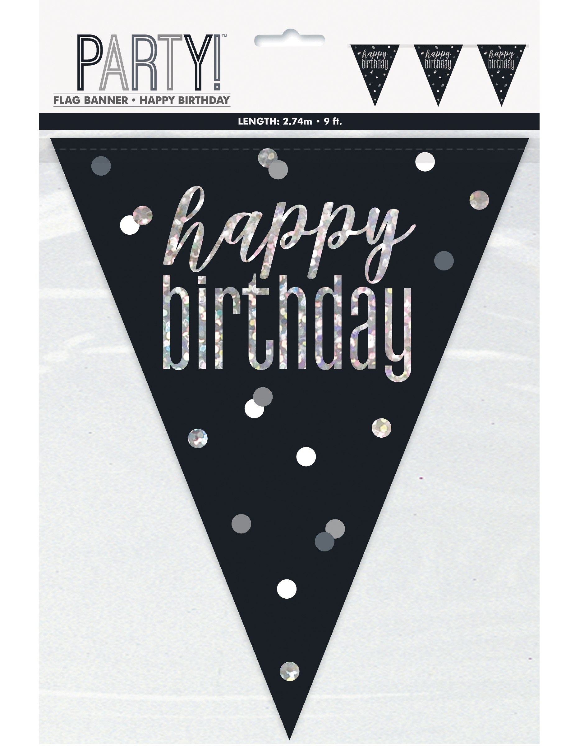 Happy Birthday Girlande in Schwarz und Grau 2,7 m mit silbernen Wimpeln von UNIQUE