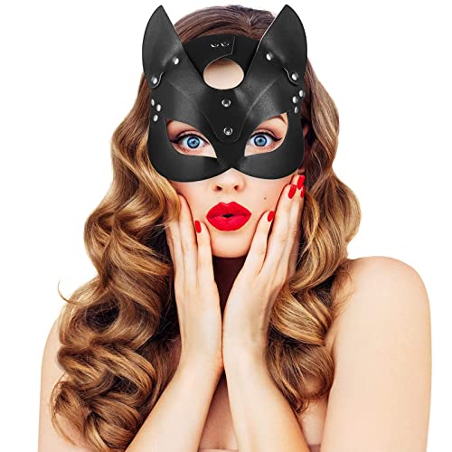 UNOLIGA Halloween Katze Maske Damen, Sexy Venezianische Maske Maskenball Augenmaske, Schwarze PU Leder Catwoman Maske für Maskerade Fasching Karneval Party Christmas (2023 Verbesserte Version) von UNOLIGA