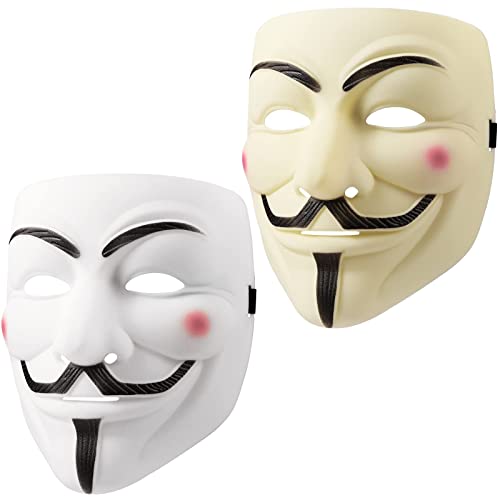 UNOLIGA Halloween V Wie Vendetta Guy Fawkes Maske, Gamemaster Horror Hacker Anonymous Masken für Herren Damen Erwachsene Kinder (Weiß, Beige) - 2 Stück von UNOLIGA