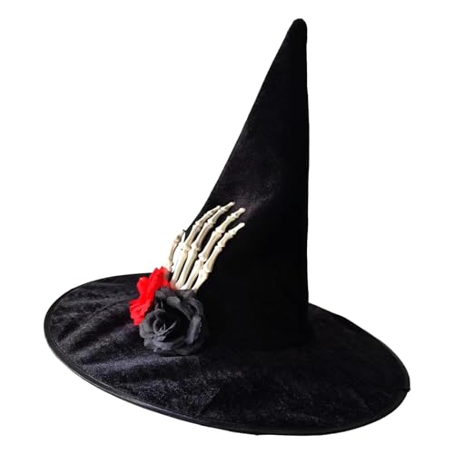 UNTERING Unisex Halloween Hexenhut mit Totenkopf Hand Rose Applikation Zauberer Erwachsene Teenager Cosplay Hexe Festivals Party Werkzeug Hüte für Frauen Anime für Erwachsene Halloween Karneval Party von UNTERING