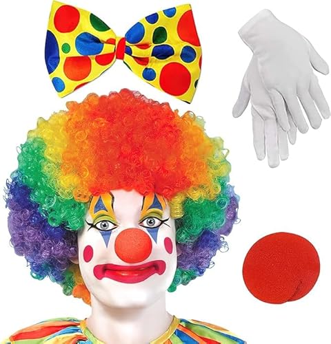 4-teiliges Set de costume de clown, Bunte Clown Perücke Rote Clownsnase aus Schwamm Riesige Gelbe Krawatte Weiße Handschuhe Perfekt für Karneval Halloween Party Arty Event für Erwachsene und Kinder 4-teiliges Set de costume de clown, Bunte Clown Perücke Rote Clownsnase aus Schwamm Riesige Gelbe Krawatte Weiße Handschuhe Perfekt für Karneval Halloween Party Arty Event für Erwachsene und Kinder von UOCAI
