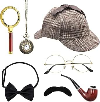 UOCAI 7 Pcs Detektiv Kostüm Zubehör Set, Sherlock Holmes Kostüm Accessoires mit Detektiv Hut Brille Falscher Schnurrbart Lupe Fliege, Detektiv Cosplay Requisiten für Fasching Karneval Cosplay Party UOCAI 7 Pcs Detektiv Kostüm Zubehör Set, Sherlock Holmes Kostüm Accessoires mit Detektiv Hut Brille Falscher Schnurrbart Lupe Fliege, Detektiv Cosplay Requisiten für Fasching Karneval Cosplay Party von UOCAI