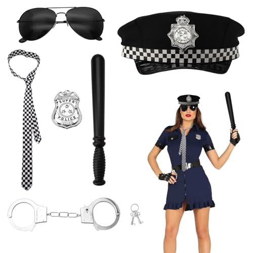 UOCAI Polizei Kostüm Kinder & Erwachsene, 6Pcs Polizei Kostüm Damen Herren mit Handschellen Kinder Polizeimütze Polizeimarke, Halloween Kostüm von UOCAI