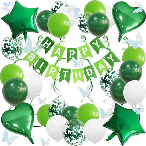 UOMYLEIR Green Birthday Decorations, Happy Birthday Banner mit Schmetterlingen und Ballons von UOMYLEIR