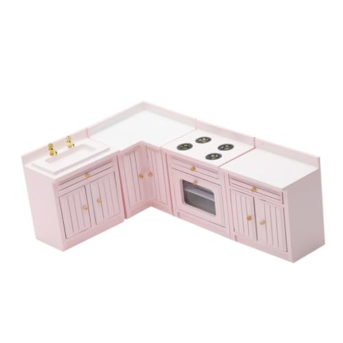 UPKOCH 1 Set Puppenhausküche Vierteiliges Set Miniaturhäuser Möbel Holzschrank Mini Hausmodell Handgefertigtes Küchenspielhaus Mini Schrank Mini Küchenspielhaus Rosa von UPKOCH