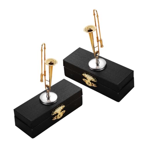 UPKOCH 2 Sätze Mini Posaunen Modell Miniatur Trompete mit Ständer und Schwarzem Etui Präzise Miniatur Musikinstrument für Puppenhaus Dekoration und Sammler Kompakt Reisefreundlich von UPKOCH