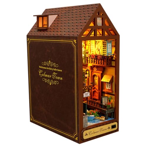 UPKOCH DIY Holzhaus Modellbausatz Kreatives Vintage Design Stabiles Holz Papier Kunststoff Vielseitige Buchstütze für Regal Schreibtisch Geschenkidee Weihnachten Geburtstag von UPKOCH